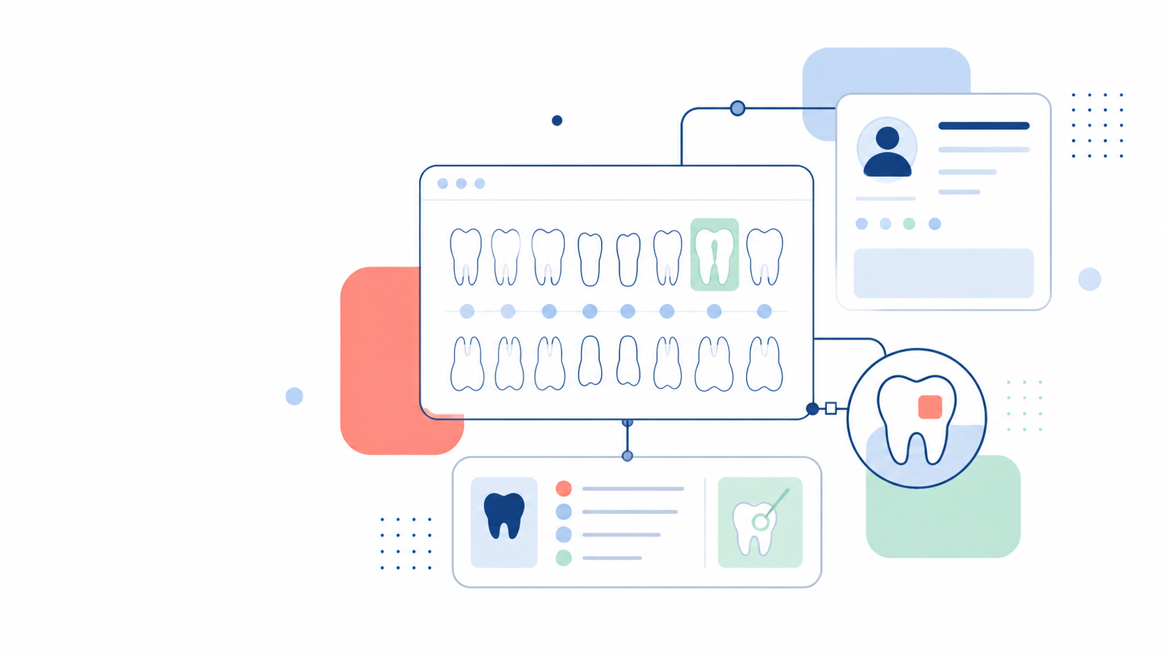 Ilustración conceptual de un odontograma digital con piezas dentales identificadas.