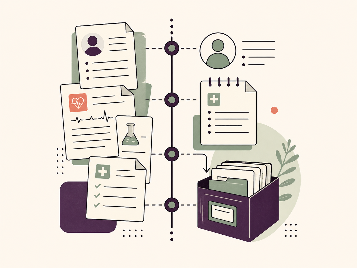 Ilustración conceptual de una historia clínica digital y organizada.