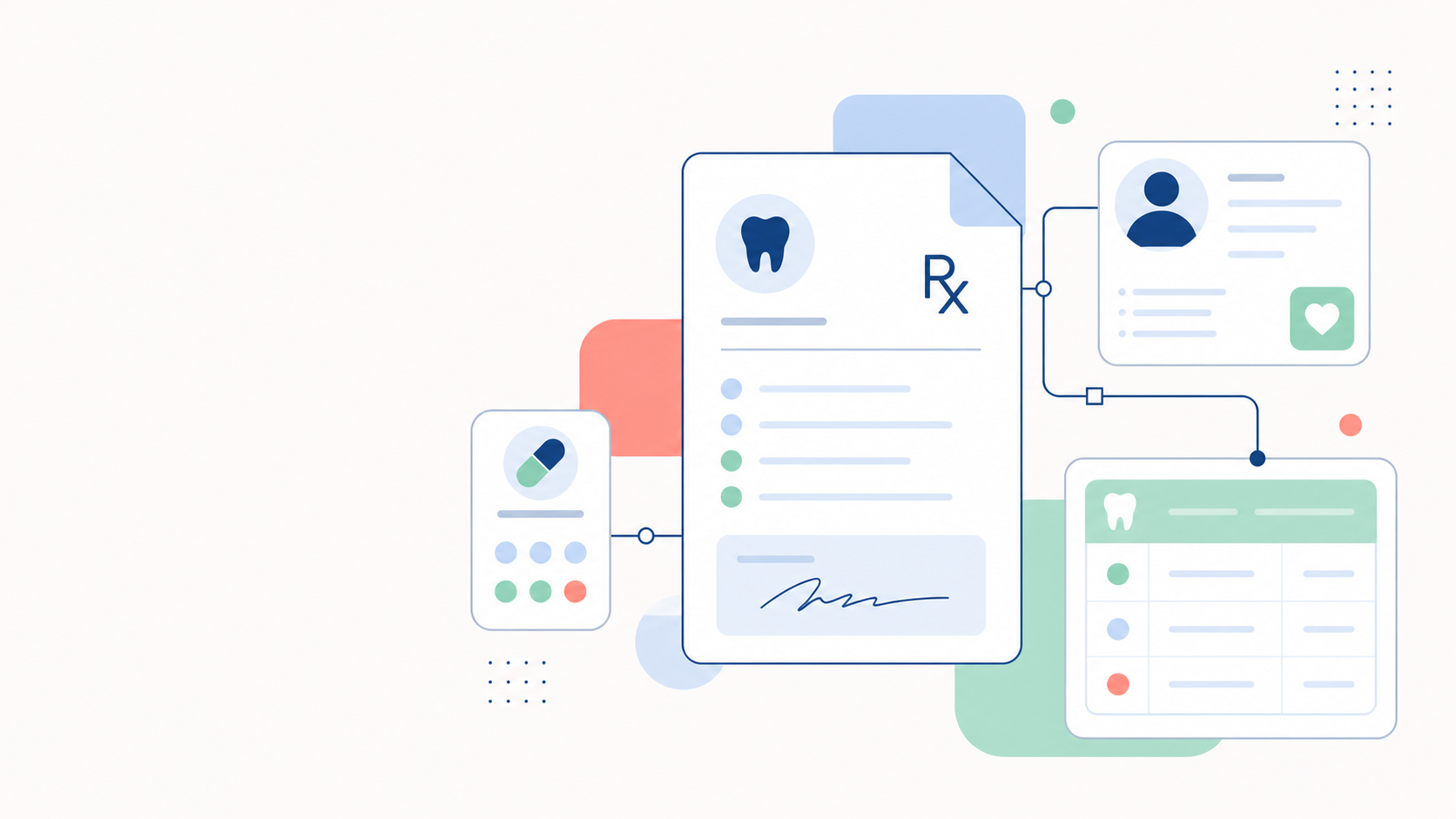 Ilustración conceptual de recetas digitales y documentación clínica odontológica.